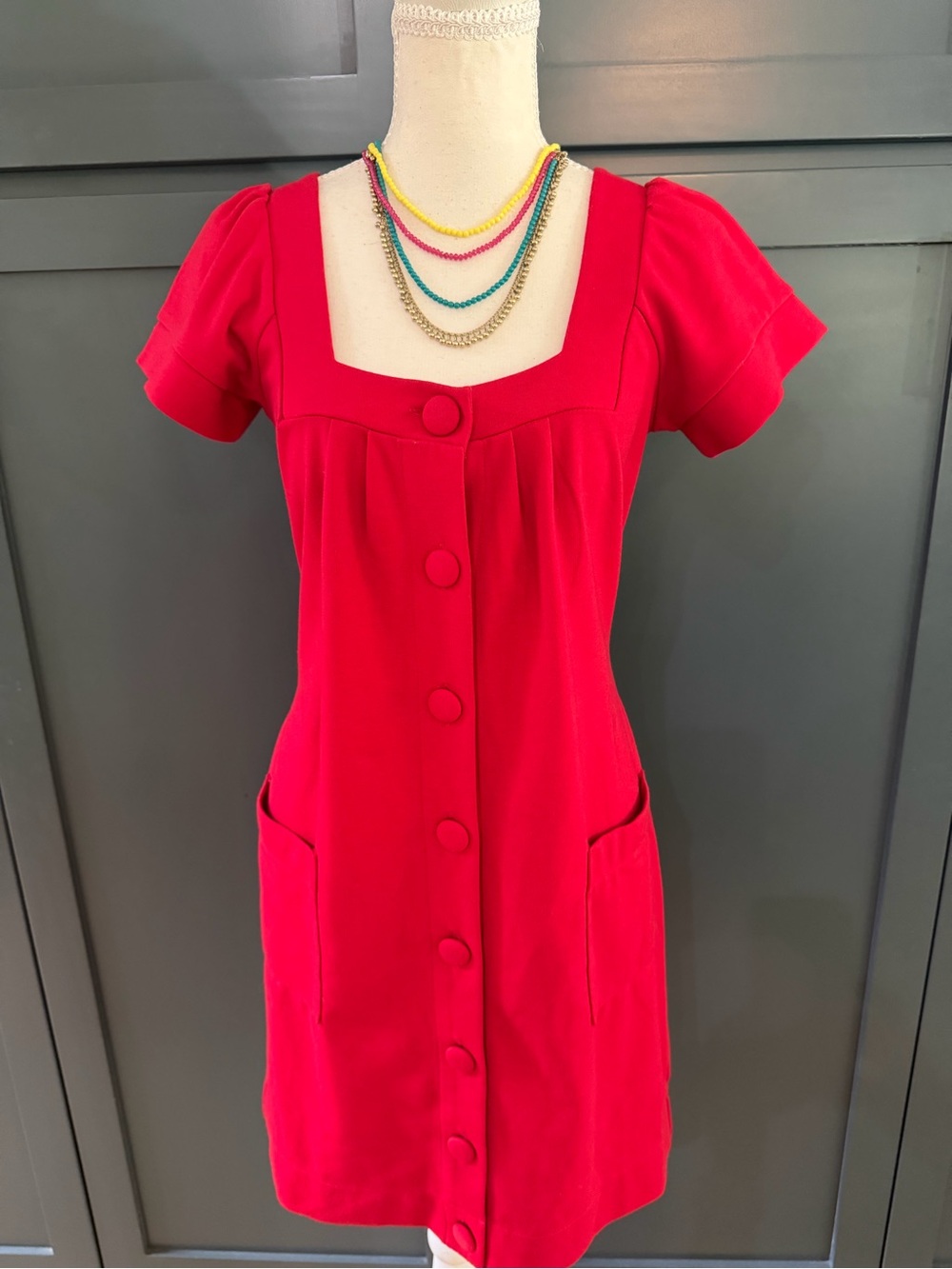 Banana Republic Red Button-Front Mini Dress Size Small With 2 Front Pockets
